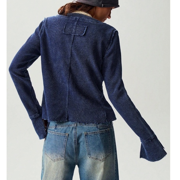 Solid Button Down Flared Raw stitch Long Sleeve Top - Picture 5 of 6